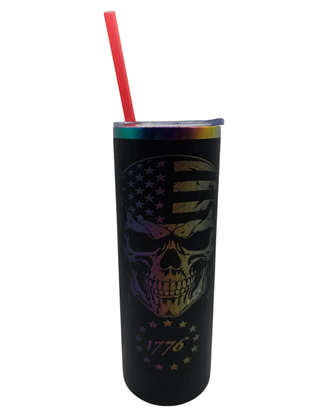 20 oz stainless steel tumbler features a laser-engraved patriotic skull design